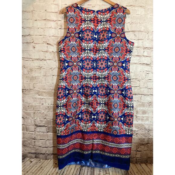 DN Design Midi Dress Womens 16 Pink & Cobalt Medallion Print Sheath Plus Lined - Picture 12 of 14